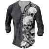 DMOYALA Mens Henley Shirts Skull Gray Graphic Printed Long Sleeve Pullover Shirts 8Pcs Buttons Up Vintage V Neck Trendy Fall Hippie Streetwear Tees Top view 1