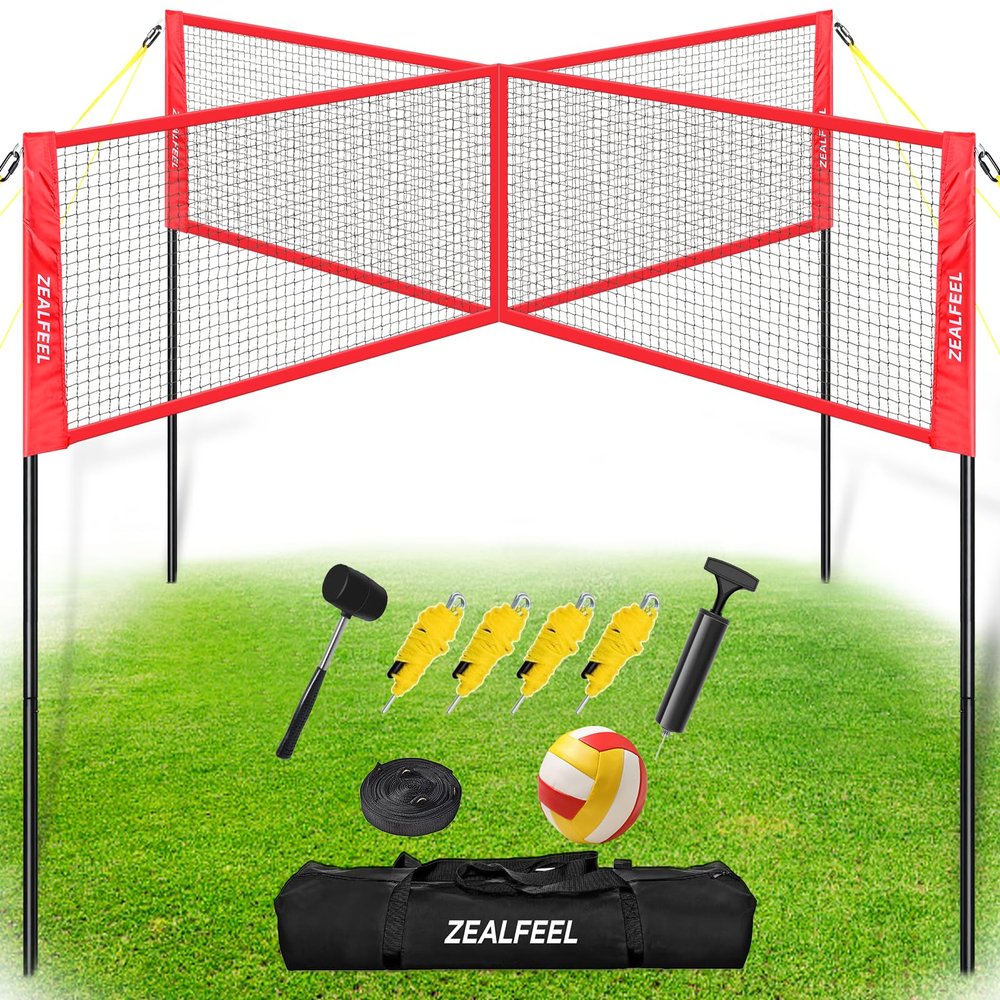 ZEALFEEL 4 Square Volleyball Game Set, 3 Heights Adjustable 4-Way Volleyball Net with Vollyball, Pump, Carry Bag, Hammer, 14 FT 4 Person Net for Backyard Beach Lawn, Great for Family Fun