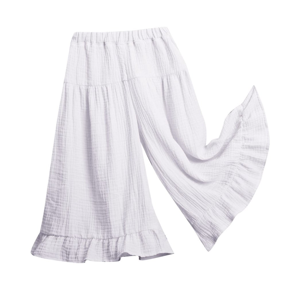 Toddler Baby Girls Wide Leg Palazzo Pants Flowy Ruffle Wrinkled Cotton Pants Loung Culottes (White, 12-18 Months)
