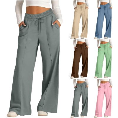 Deals of The Day Deals Lightning Today Prime,Womens Linen Pants High Waisted Wide Leg Baggy Boho Sweatpants Comfy Cotton Lounge Beach Trousers with Pockets,Grey,Medium