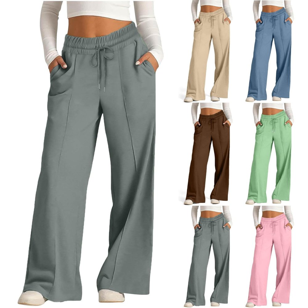 Deals of The Day Deals Lightning Today Prime,Womens Linen Pants High Waisted Wide Leg Baggy Boho Sweatpants Comfy Cotton Lounge Beach Trousers with Pockets,Grey,Medium