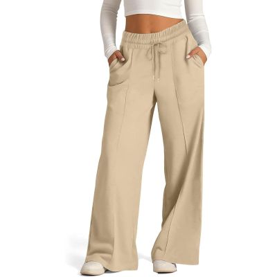 Sales Clearance Today Deals Prime,Womens Linen Pants High Waisted Wide Leg Baggy Boho Sweatpants Comfy Cotton Lounge Beach Trousers with Pockets,Khaki,Xx-Large