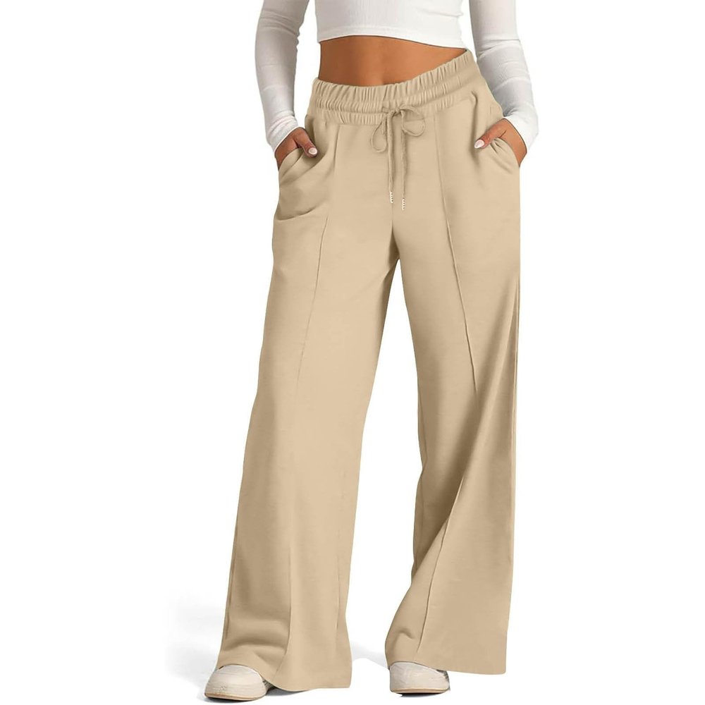 Sales Clearance Today Deals Prime,Womens Linen Pants High Waisted Wide Leg Baggy Boho Sweatpants Comfy Cotton Lounge Beach Trousers with Pockets,Khaki,Xx-Large
