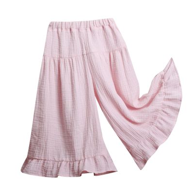 Toddler Baby Girls Wide Leg Palazzo Pants Flowy Ruffle Wrinkled Cotton Pants Loung Culottes Solid (Pink, 12-18 Months)