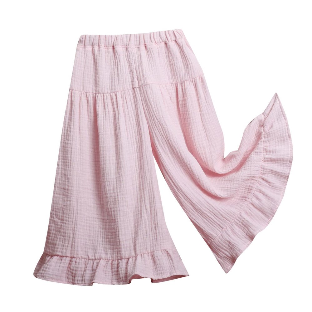 Toddler Baby Girls Wide Leg Palazzo Pants Flowy Ruffle Wrinkled Cotton Pants Loung Culottes Solid (Pink, 12-18 Months)
