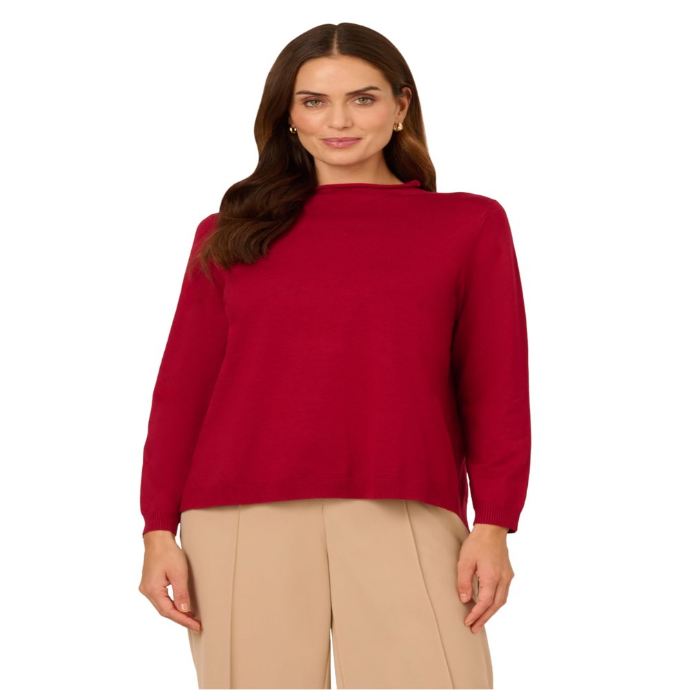 Adrianna Papell Diffusion Women's Mock Neck Step Hem Sweater, Cranberry, S
