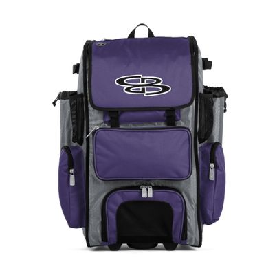 Boombah Rolling Superpack Baseball/Softball Gear Bag - 23-1/2" x 13-1/2" x 9-1/2" - BRSP2C23 Gray/Purple - Telescopic Handle - Holds 4 Bats - Wheeled Version