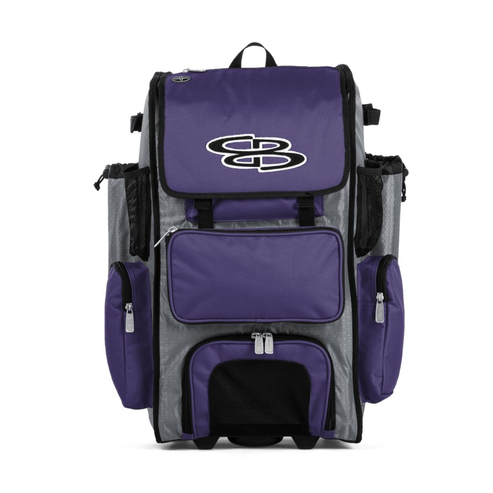 Boombah Rolling Superpack Baseball/Softball Gear Bag - 23-1/2" x 13-1/2" x 9-1/2" - BRSP2C23 Gray/Purple - Telescopic Handle - Holds 4 Bats - Wheeled Version