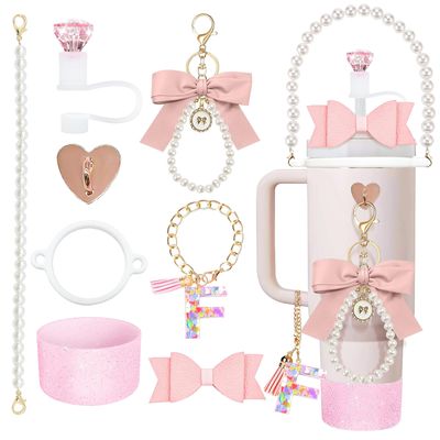 8Pcs Pink Stanley Cup Accessories Set for Stanley Cup 30&40 Oz Tumbler - Silicone Straw Cover Cap and Boot, Letter Charm for Handle, Bow Straw and Charm Decoration, Pearl Water Bottle Handle Strap(F)