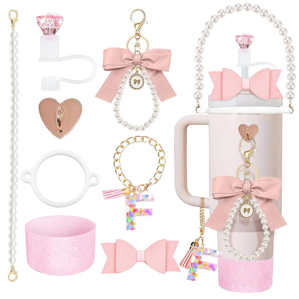 8Pcs Pink Stanley Cup Accessories Set for Stanley Cup 30&40 Oz Tumbler - Silicone Straw Cover Cap and Boot, Letter Charm for Handle, Bow Straw and Charm Decoration, Pearl Water Bottle Handle Strap(F)
