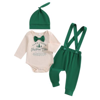 Lenjindjer 3Pcs Baby Boy Christmas Outfits Long Sleeve Letter Print Gentleman Romper Suspender Pants Hat Fall Winter Clothes (Green, 3-6 Months)