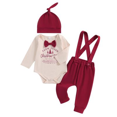 Lenjindjer 3Pcs Baby Boy Christmas Outfits Long Sleeve Letter Print Gentleman Romper Suspender Pants Hat Fall Winter Clothes (Red, 6-12 Months)