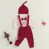 Lenjindjer 3Pcs Baby Boy Christmas Outfits Long Sleeve Letter Print Gentleman Romper Suspender Pants Hat Fall Winter Clothes (Red, 6-12 Months) view 2