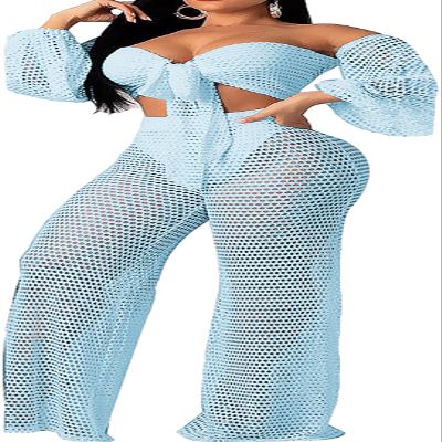 sexycherry Sexy Two Piece Bikini Sets for Women Vacation Blue Off The Shoulder Tube Top Long Straight Pants Cover Ups Swimwear Beach with Bandage(X-Large)