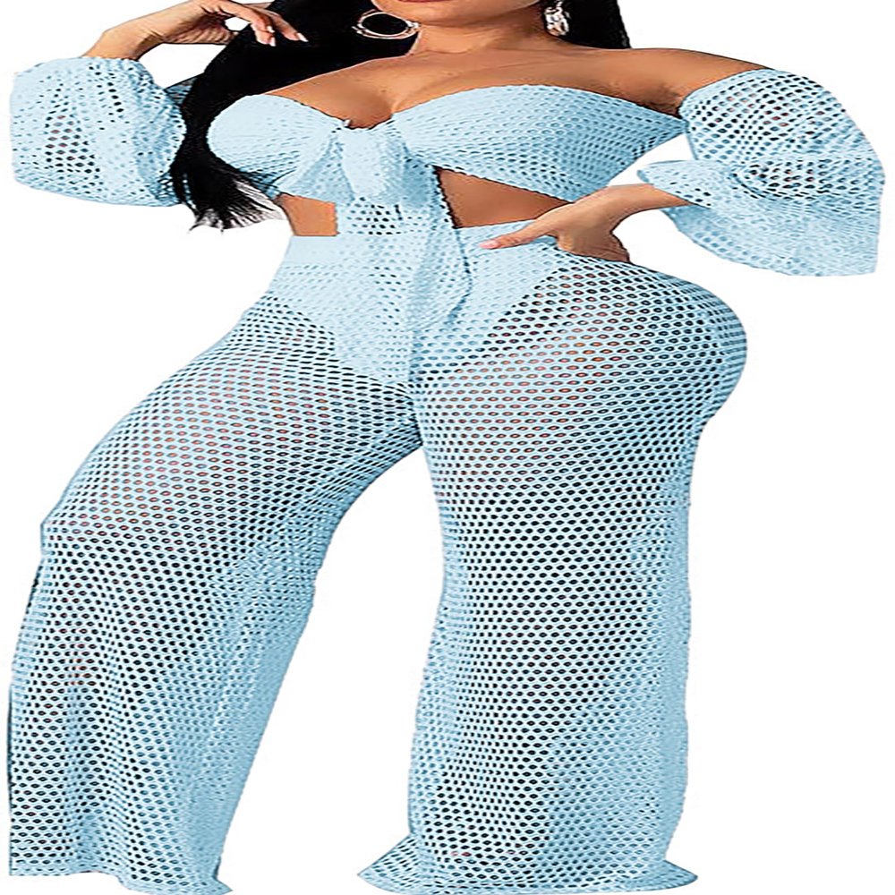 sexycherry Sexy Two Piece Bikini Sets for Women Vacation Blue Off The Shoulder Tube Top Long Straight Pants Cover Ups Swimwear Beach with Bandage(X-Large)