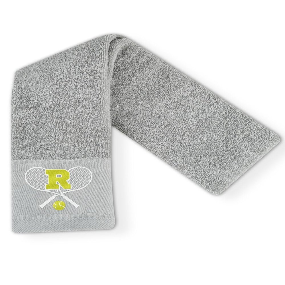 CybGene Embroidered Tennis Towel, Funny Tennis Gift for Men, Women & Lovers, Soft & Absorbent, Gray, Initial R