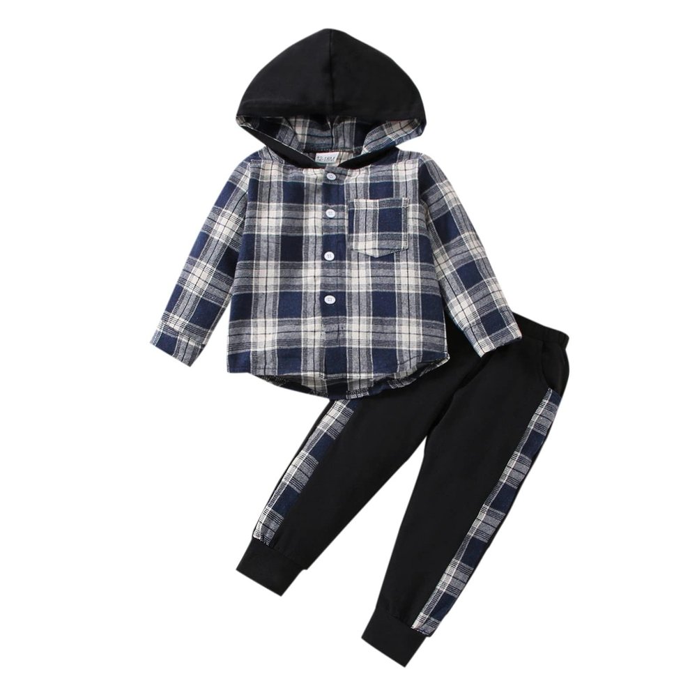 FOCUTEBB Boys Size 6 Clothes Clothes For Teen Boys Flannel Plaid Shirt Tops Hoodied Fall Outfits Sweatsuit Button Long Sleeve Sweatshirt + Sweat Pants Boys Fall Winter Outfit 2Pcs White Black 5-6T
