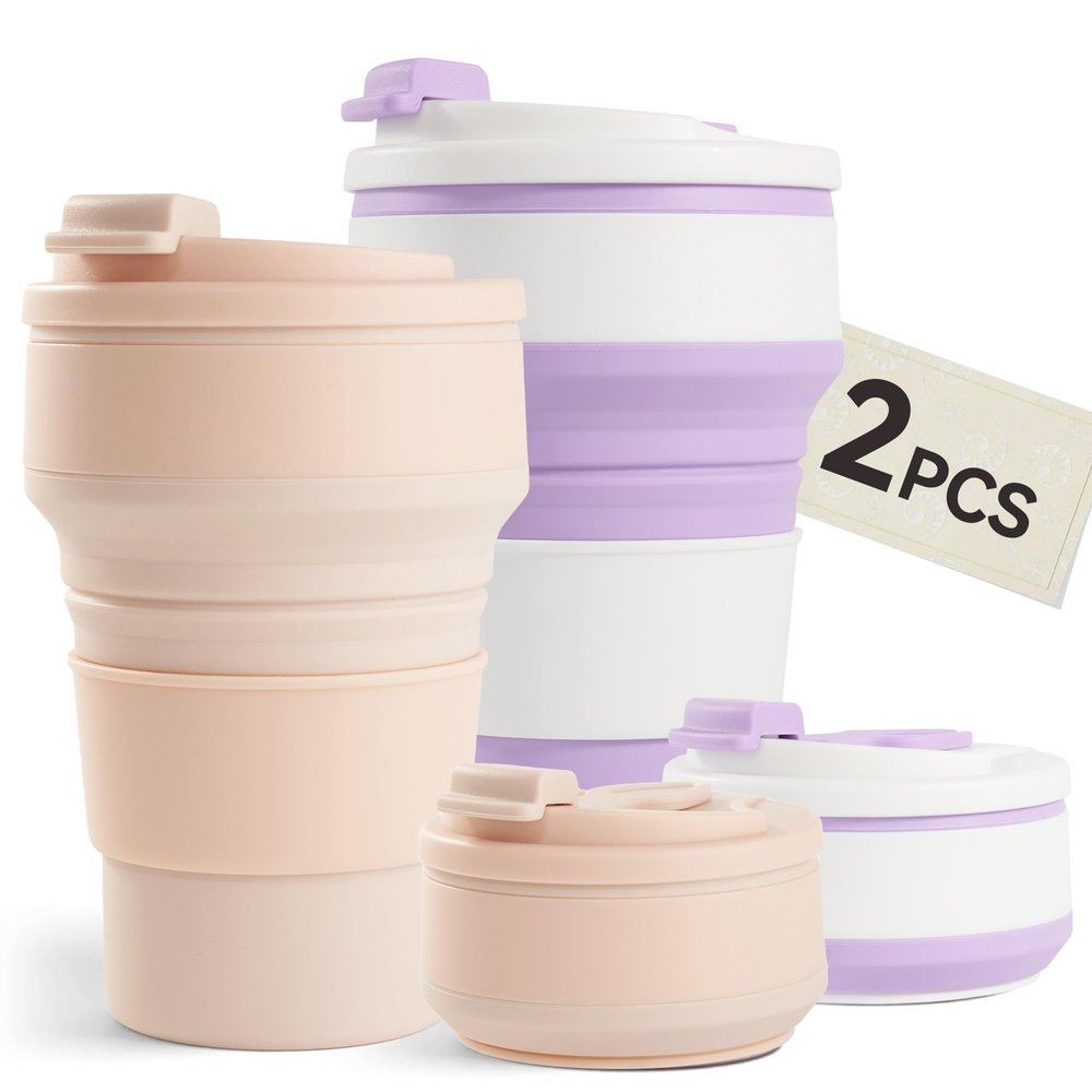 2Pcs Collapsible Cup for Traveling, Collapsible Silicone Travel Cup for Hot and 2 Drinks, Leak Proof Silicone Folding Travel Coffee Mug for Camping & Hiking, BPA Free 12oz Purple&Pink