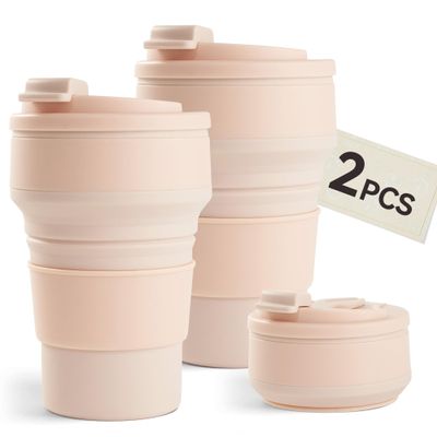 2Pcs Collapsible Cup for Traveling, Collapsible Silicone Travel Cup for Hot and 2 Drinks, Leak Proof Silicone Folding Travel Coffee Mug for Camping & Hiking, BPA Free 12oz Pink