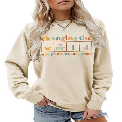Hadomaki Changing The World One Phoneme at a Time Sweatshirt, Retro Graphic Teacher Shirt Women Casual Reading Pullover Tops Beige