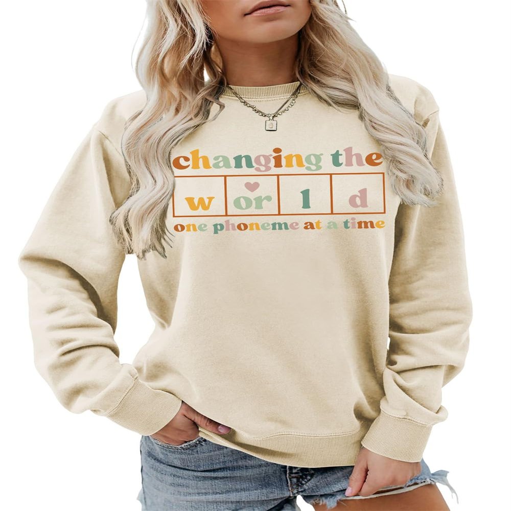 Hadomaki Changing The World One Phoneme at a Time Sweatshirt, Retro Graphic Teacher Shirt Women Casual Reading Pullover Tops Beige