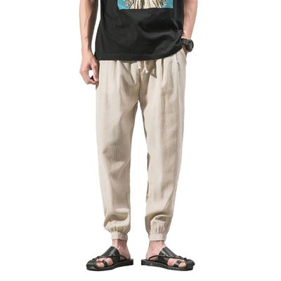 Mens Casual Cotton Linen Pants Drawstring Waist Athletic Jogger Sweatpants Vintage Solid Loose Tapered Slacks (Apricot,Large)