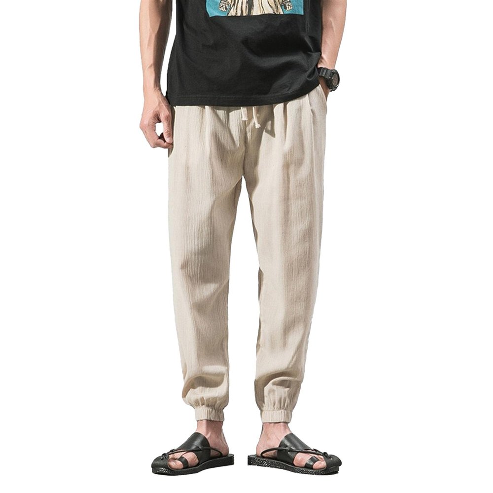Mens Casual Cotton Linen Pants Drawstring Waist Athletic Jogger Sweatpants Vintage Solid Loose Tapered Slacks (Apricot,Large)