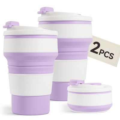 2Pcs Collapsible Cup for Traveling, Collapsible Silicone Travel Cup for Hot and 2 Drinks, Leak Proof Silicone Folding Travel Coffee Mug for Camping & Hiking, BPA Free 12oz Purple