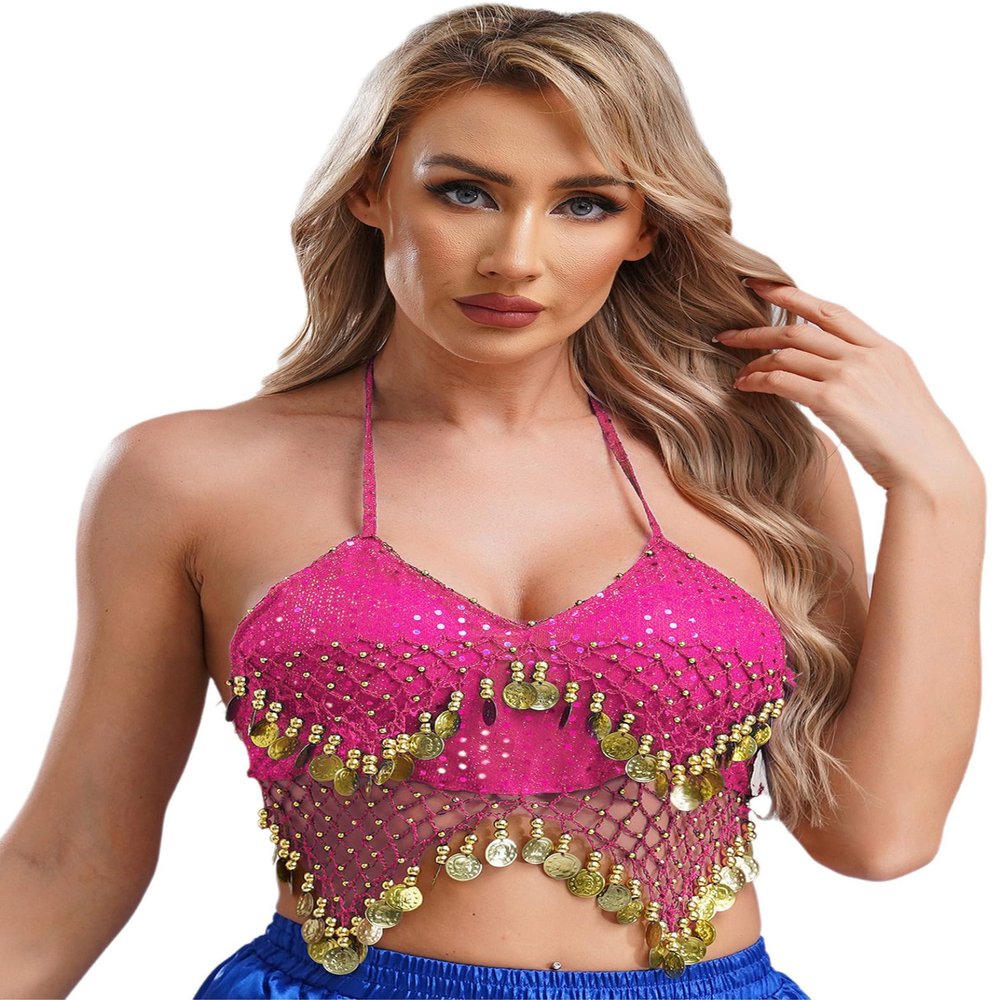 Miutii Womens Belly Dance Crop Top Beads Crisp Tassel Halter Bra Top Backless Crop Top Dance Costume Hot Pink One Size