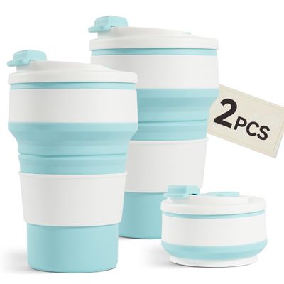 2Pcs Collapsible Cup for Traveling, Collapsible Silicone Travel Cup for Hot and 2 Drinks, Leak Proof Silicone Folding Travel Coffee Mug for Camping & Hiking, BPA Free 12oz Blue