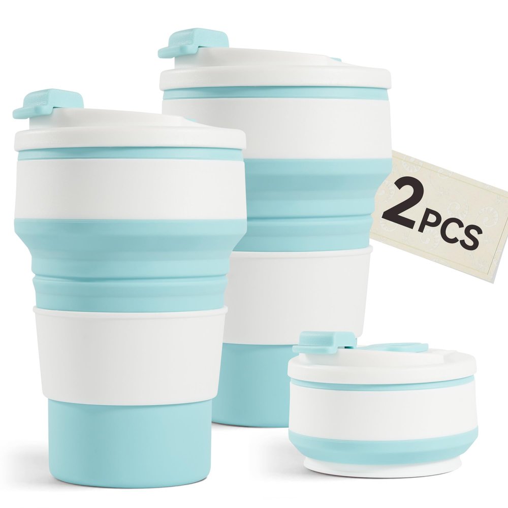 2Pcs Collapsible Cup for Traveling, Collapsible Silicone Travel Cup for Hot and 2 Drinks, Leak Proof Silicone Folding Travel Coffee Mug for Camping & Hiking, BPA Free 12oz Blue