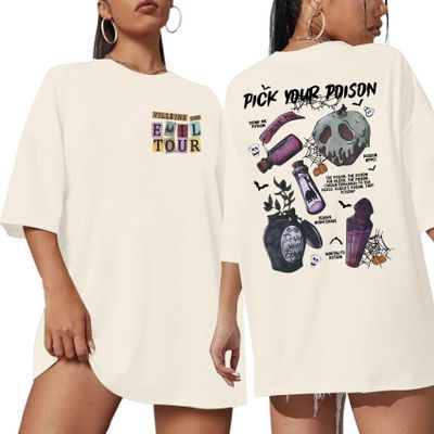 Villains The Evil Tour Shirts for Women Halloween Shirt Girl Trip Tees Oversized Halloween Short Sleeve Tops Apricot
