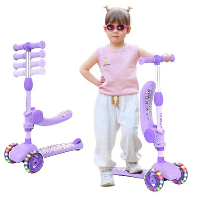 TONBUX Kids Scooter with Seat, 3 Wheels Scooter with PU Luminous Wheels, Non-Slip Handle and Wide Deck, Sensitive Brakes, 4-Level Adjustable Height, Scooters for Kids 28 Years Purple