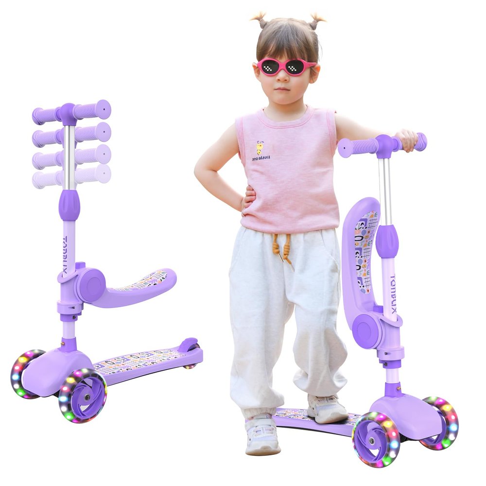 TONBUX Kids Scooter with Seat, 3 Wheels Scooter with PU Luminous Wheels, Non-Slip Handle and Wide Deck, Sensitive Brakes, 4-Level Adjustable Height, Scooters for Kids 28 Years Purple