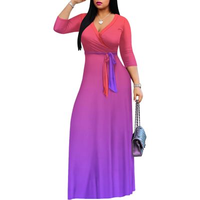 Summer Dresses for Women Tummy Control Sexy 3/4 Sleeves Deep V-Neck Flowy Floor Length Plus Size Maxi Dress with Belt