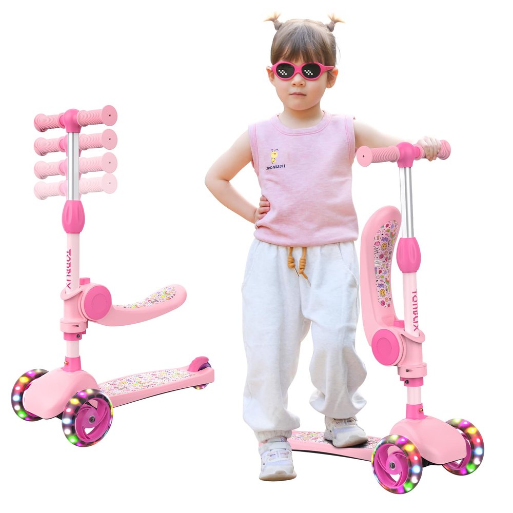TONBUX Kids Scooter with Seat, 3 Wheels Scooter with PU Luminous Wheels, Non-Slip Handle and Wide Deck, Sensitive Brakes, 4-Level Adjustable Height, Scooters for Kids 28 Years Pink