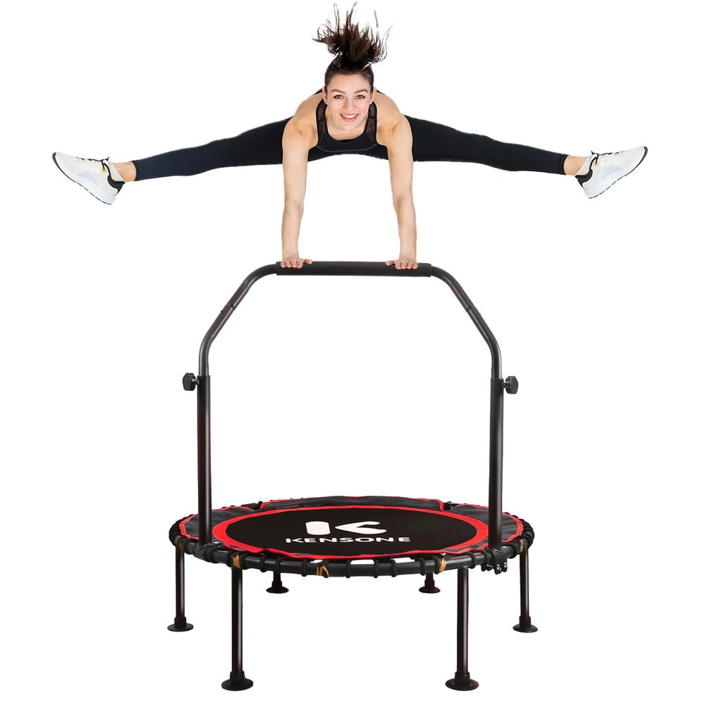 K KENSONE 40" Foldable Rebounder Trampoline for Adults with Bungee, 450 LBS Quiet Indoor Mini Trampoline for Adults Fitness with Adjustable U-Shaped Handle Bar for Gym Workout, Home Exercise, Red