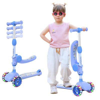TONBUX Kids Scooter with Seat, 3 Wheels Scooter with PU Luminous Wheels, Non-Slip Handle and Wide Deck, Sensitive Brakes, 4-Level Adjustable Height, Scooters for Kids 28 Years Blue
