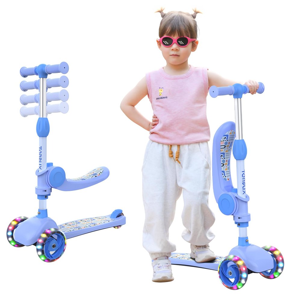 TONBUX Kids Scooter with Seat, 3 Wheels Scooter with PU Luminous Wheels, Non-Slip Handle and Wide Deck, Sensitive Brakes, 4-Level Adjustable Height, Scooters for Kids 28 Years Blue