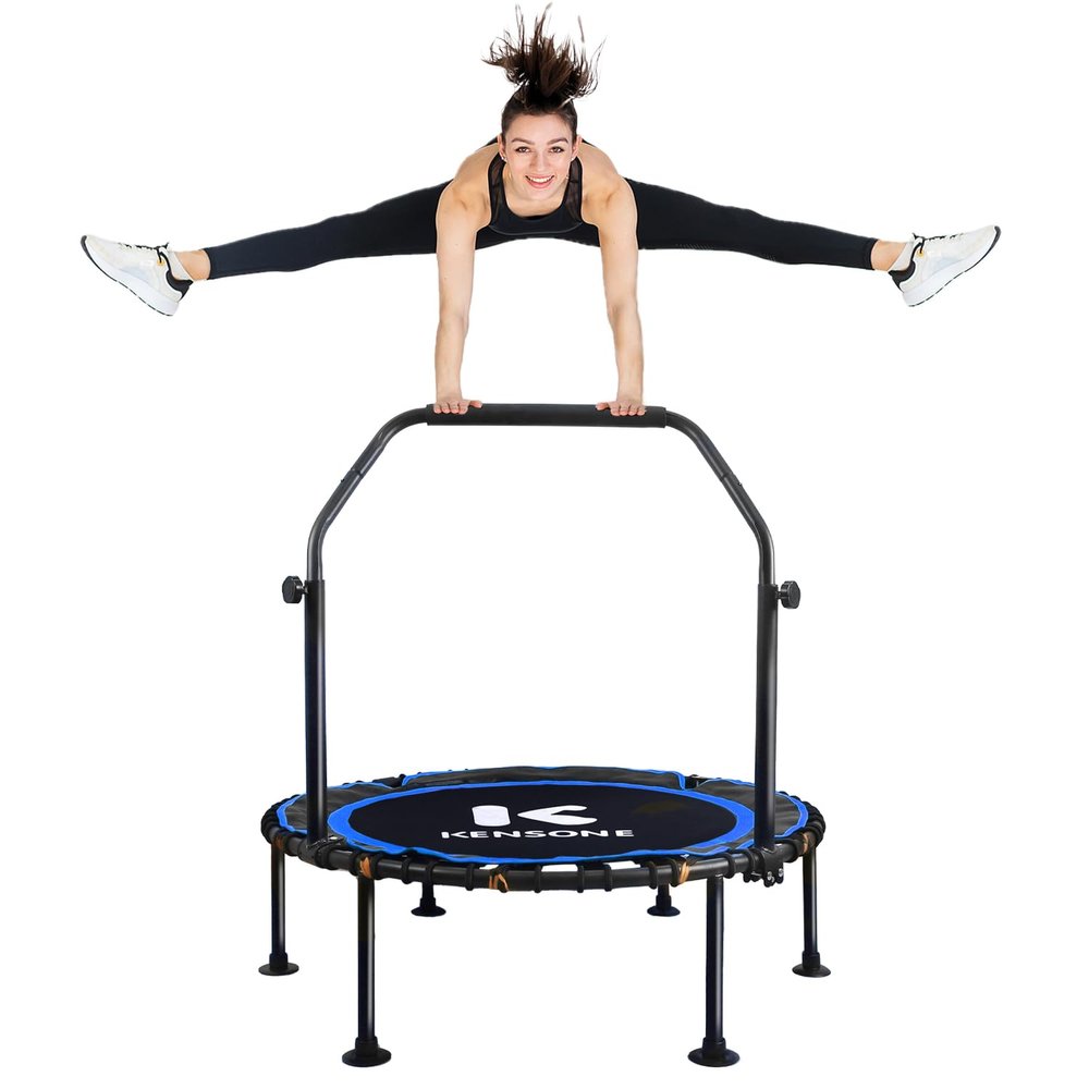 K KENSONE 40" Foldable Rebounder Trampoline for Adults with Bungee, 450 LBS Quiet Indoor Mini Trampoline for Adults Fitness with Adjustable U-Shaped Handle Bar for Gym Workout, Home Exercise, Blue