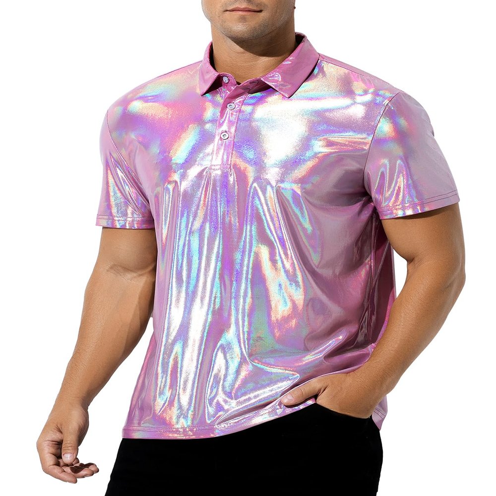 Casey Kevin Men's Metallic Polo Shirt 70s Disco Outfit Holographic Rave Short Sleeves Polo Shirt Top (Pink, Large)