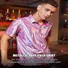 Casey Kevin Men's Metallic Polo Shirt 70s Disco Outfit Holographic Rave Short Sleeves Polo Shirt Top (Pink, Large) view 2