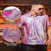 Casey Kevin Men's Metallic Polo Shirt 70s Disco Outfit Holographic Rave Short Sleeves Polo Shirt Top (Pink, Large) view 4