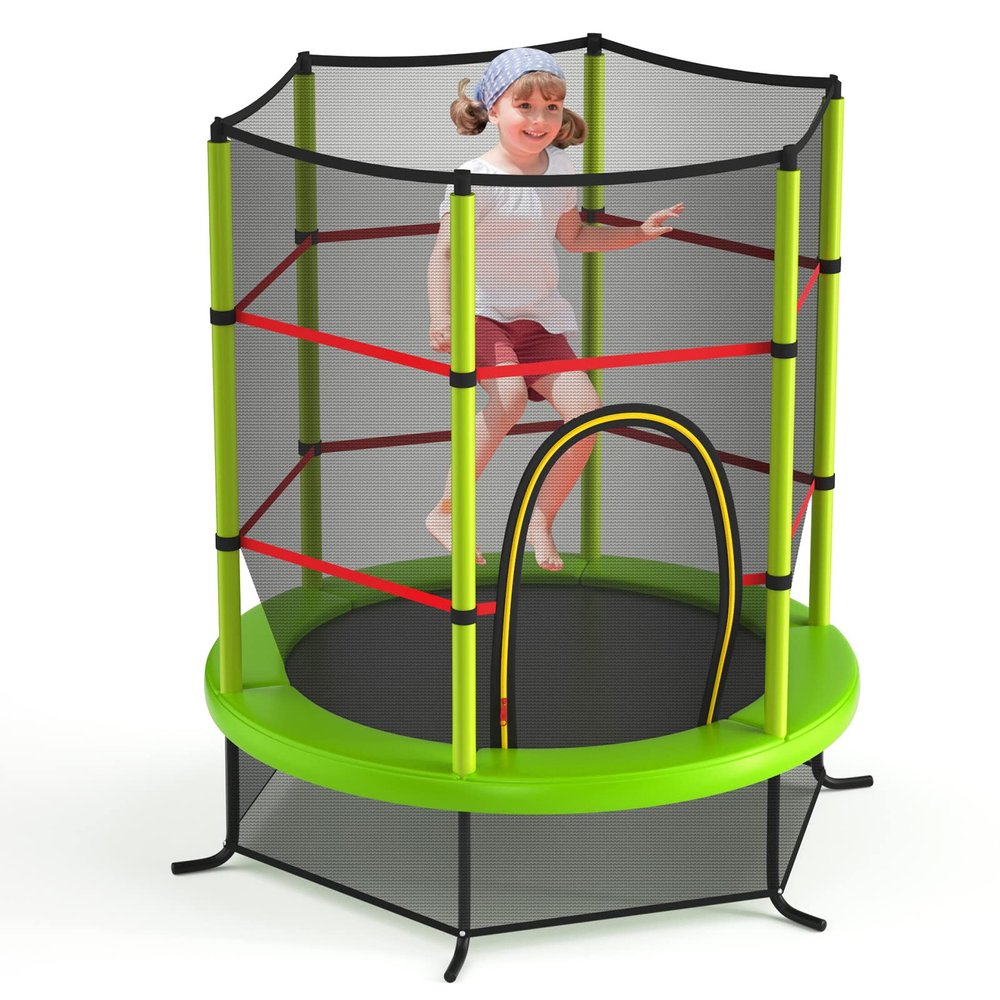 FIREFLOWERY 55 Toddler Trampoline, Indoor Trampoline for Kids, ASTM Approved with Safety Enclosure Net & Double-Sided Zipper, Ideal Gift for Boys and Girls (Green)