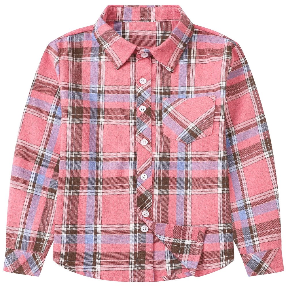 Betusline Girls' Plaid Flannel Shirt, Kids Long Sleeve Button Button Shirts Tops,F Pink & Blue #12-3 Years= Tag 100