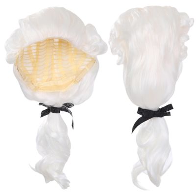 FEESHOW Men Judge Colonial Wig Washington Lawyer Wig Halloween Cosplay Wigs with Braid Adjustable Curly Wigs White One Size