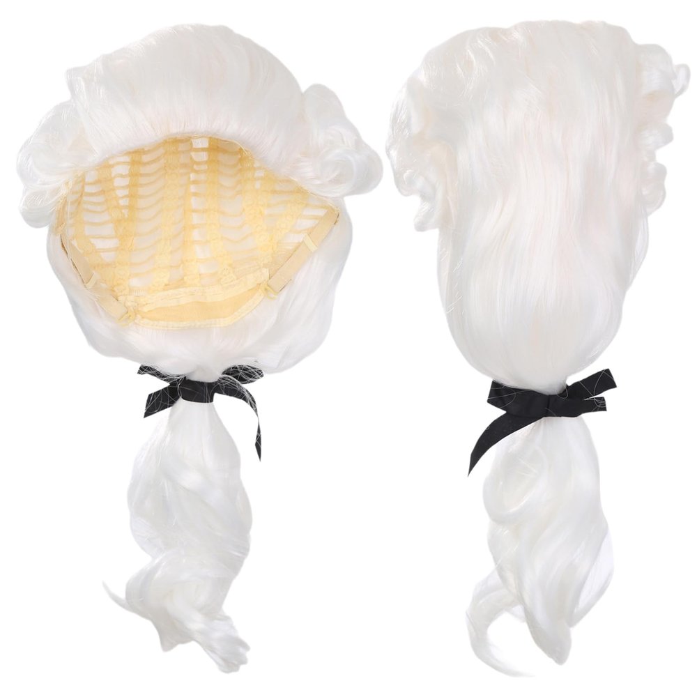 FEESHOW Men Judge Colonial Wig Washington Lawyer Wig Halloween Cosplay Wigs with Braid Adjustable Curly Wigs White One Size