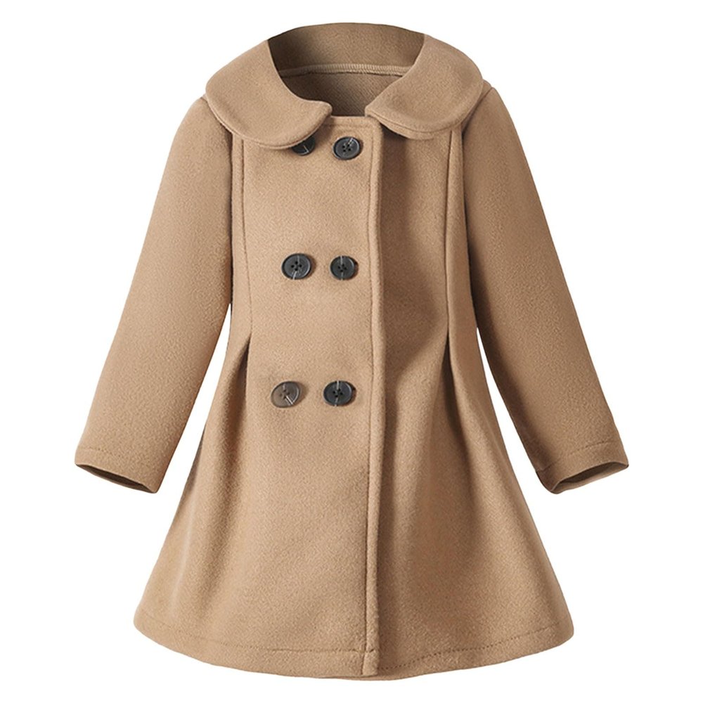Girls Wool Blend Long Peacoat Kids Toddler Solid Color Lapel Long Outwear With Belt Winter Infants (Khaki, 3-4 Years)