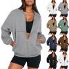 Jielayou Women Bomber Jacket Casual Zip Up Sweatshirt Drop Shoulder Long Sleeve Oversized Sweatshirt Comfy Fleece Jacket Trendy Full Zip Up Coat with Pockets Loose Sweaters Y2k Clothes Fall Outfits view 1