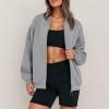Jielayou Women Bomber Jacket Casual Zip Up Sweatshirt Drop Shoulder Long Sleeve Oversized Sweatshirt Comfy Fleece Jacket Trendy Full Zip Up Coat with Pockets Loose Sweaters Y2k Clothes Fall Outfits view 3